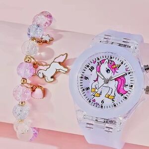 Pink and White Unicorn Watch and Crystal Bracelet